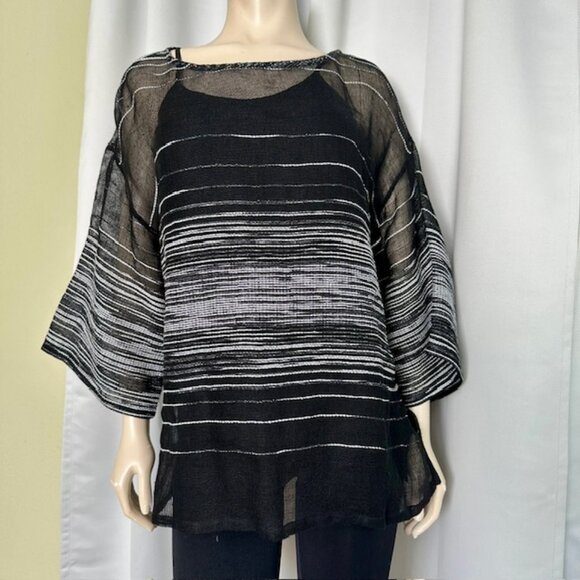 Eileen Fisher Black Illusion Organic Linen Mesh Bateau Neck Top Large - Picture 1 of 7